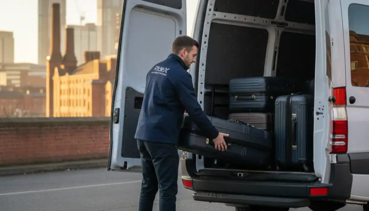 A detailed close-up of a gloved hand attaching a premium, branded "Manchester Transfer" luggage tag to a heavy-duty, metallic rimowa-style suitcase. The background is a blurred logistics hub with organized parcels. The lighting is warm and professional, emphasizing the "white-glove" treatment of expensive equipment.