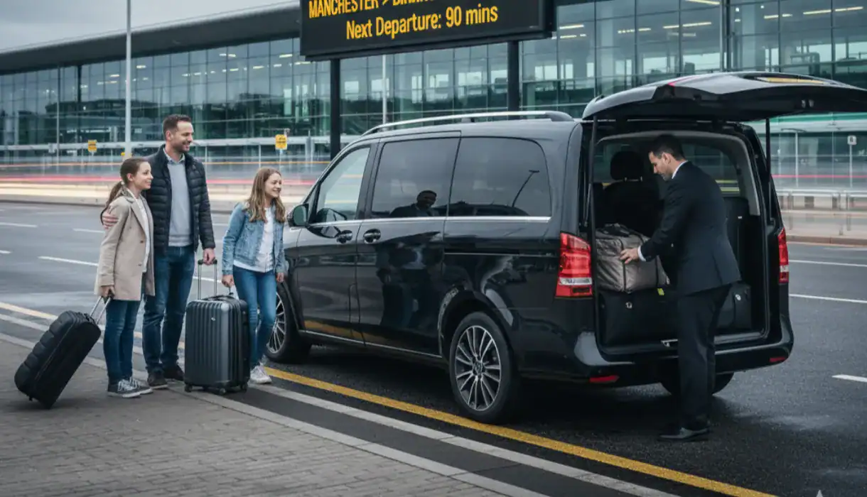 A comfortable black taxi van ready for Manchester Airport transfers with luggage.