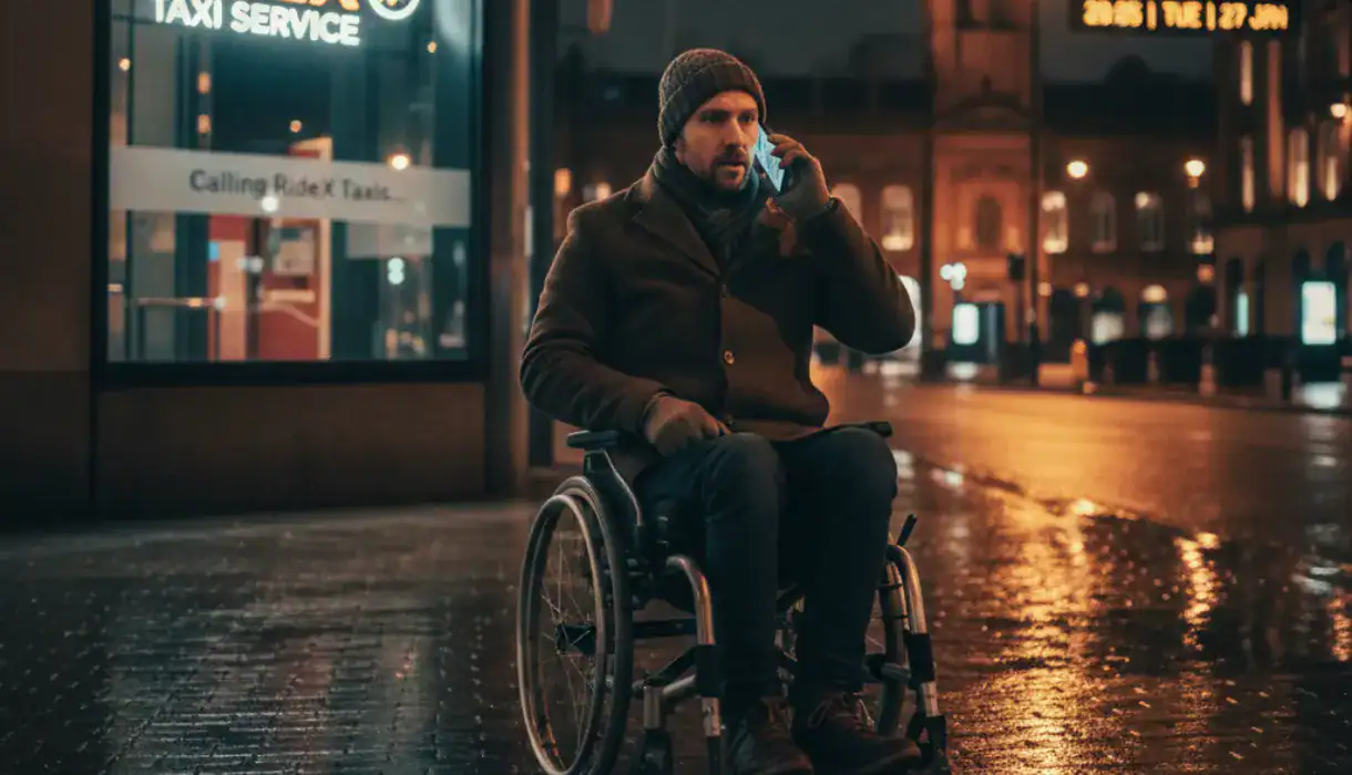 Man in wheelchair calling taxi outside Manchester Airport at night.