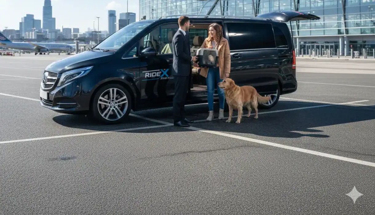Pet transport guide Manchester showing dog safely secured in taxi with professional driver