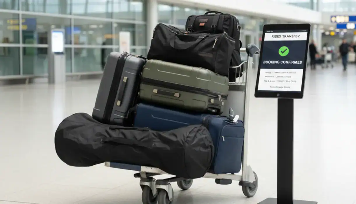 A detailed close-up of a gloved hand attaching a premium, branded "Manchester Transfer" luggage tag to a heavy-duty, metallic rimowa-style suitcase. The background is a blurred logistics hub with organized parcels. The lighting is warm and professional, emphasizing the "white-glove" treatment of expensive equipment.