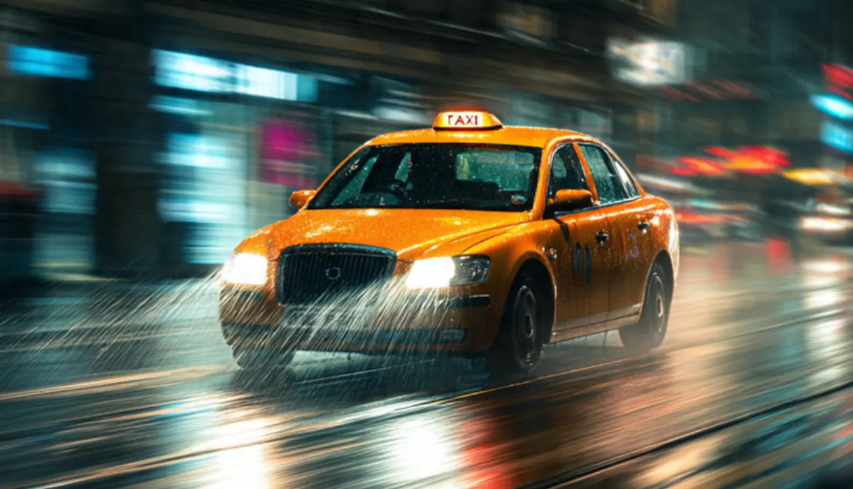 A cinematic long-exposure shot of a taxi with a glowing roof sign (Yellow/White) driving along a wet city street in Manchester at night. Bright light trails from surrounding traffic. The car looks like a beacon of safety. Moody, urban, high-contrast, cyberpunk-lite aesthetic but grounded in reality.