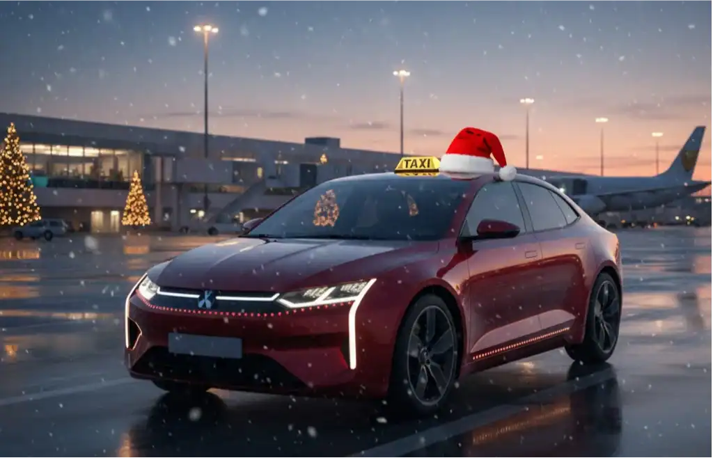 Manchester Airport taxi with Santa hat during winter snow, fixed price service.