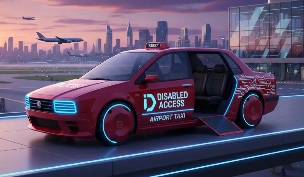 Futuristic Manchester Airport taxi with disabled access and fixed price service.