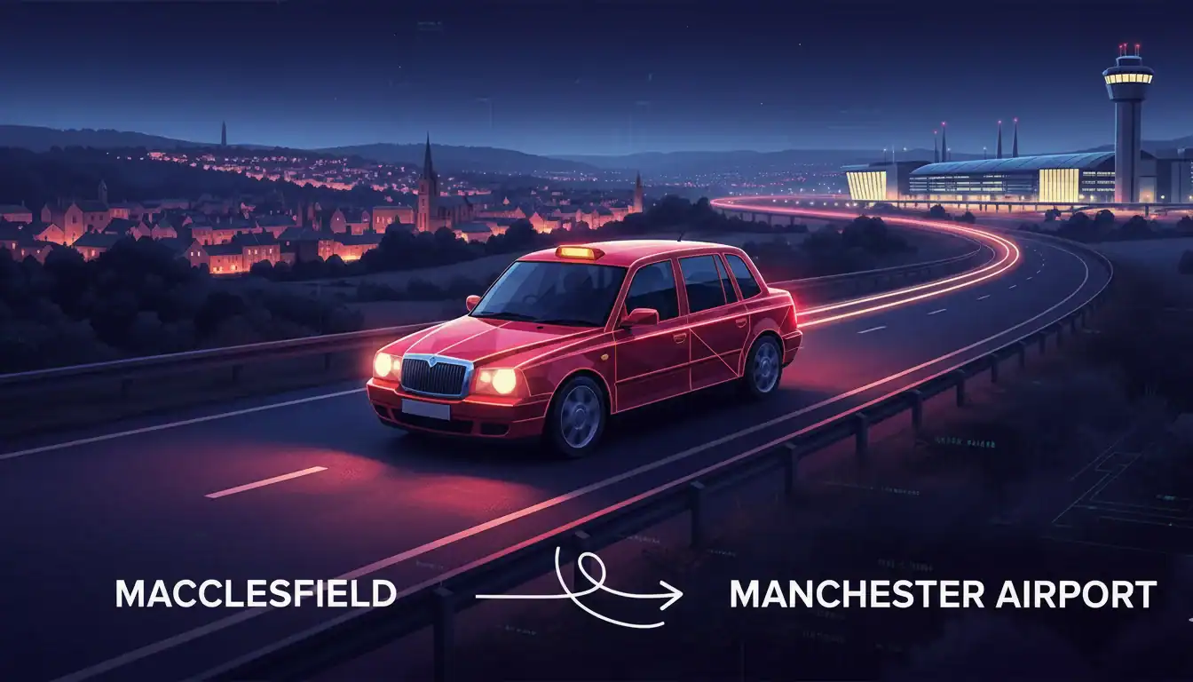 Fixed price Manchester Airport taxi from Macclesfield to Manchester Airport at night.