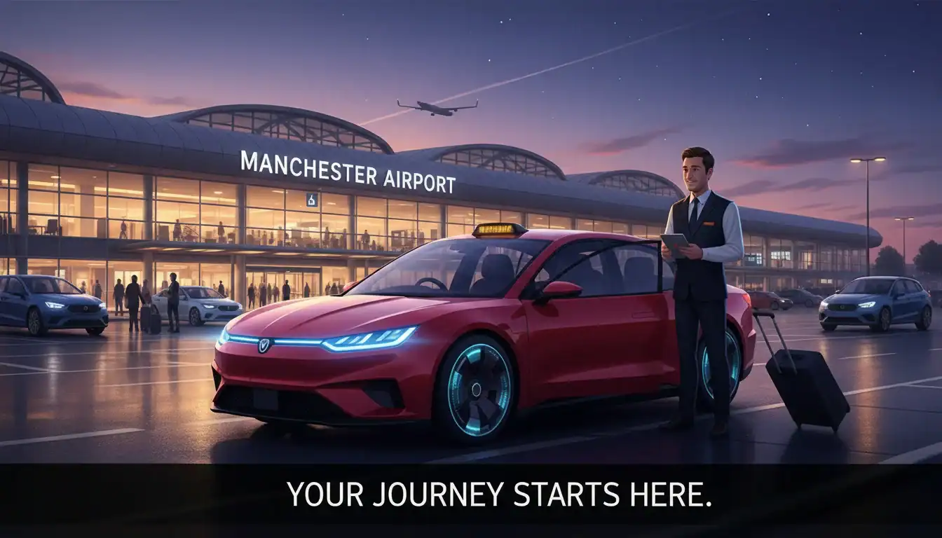 Manchester Airport taxi with fixed price and luxury vehicle at dusk.