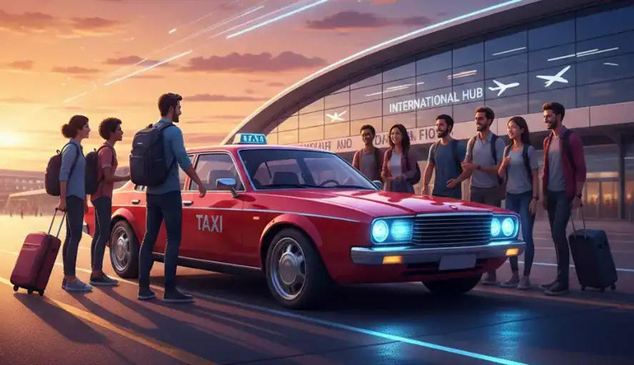Taxi waiting outside Manchester Airport at sunset with passengers and luggage.