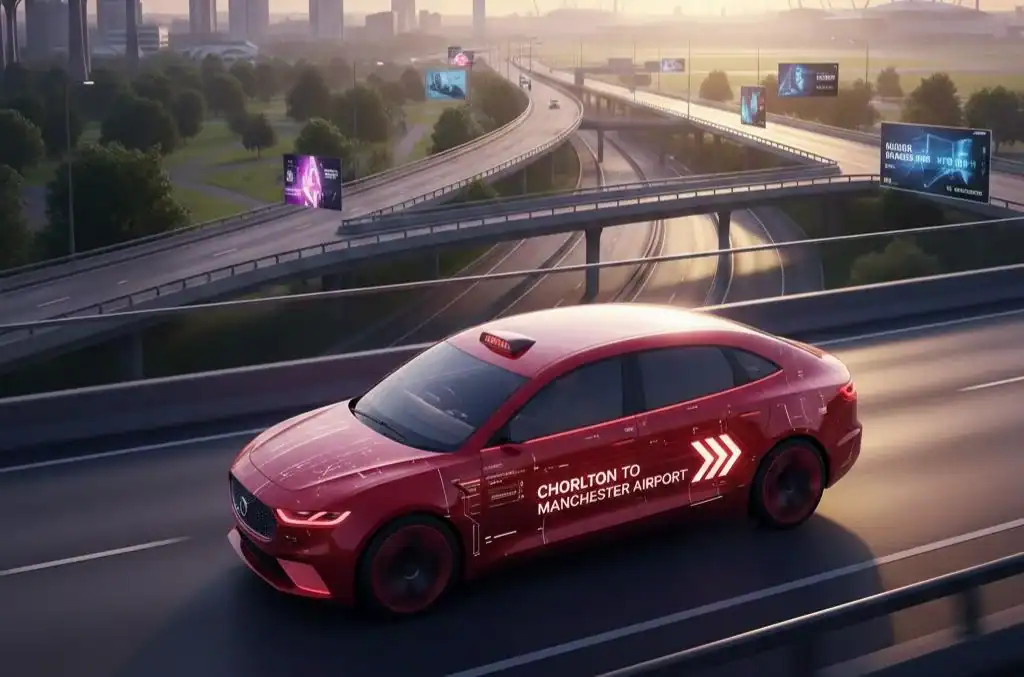 Modern red taxi on motorway heading to Manchester Airport with fixed price service.
