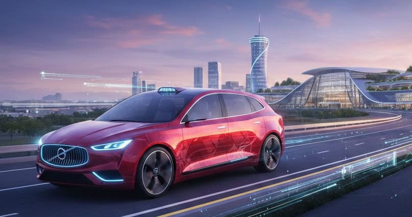 Modern red autonomous vehicle driving near Manchester skyline at dusk.
