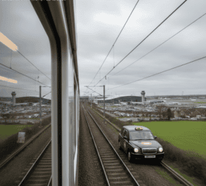 View from train window over railway tracks and countryside near Manchester Airport.