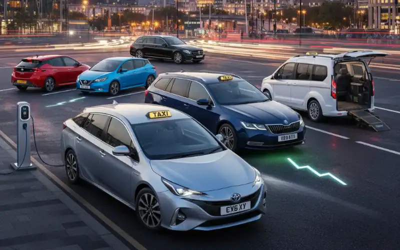 Manchester Airport taxi with fixed price, electric vehicle charging station, and multiple cars.