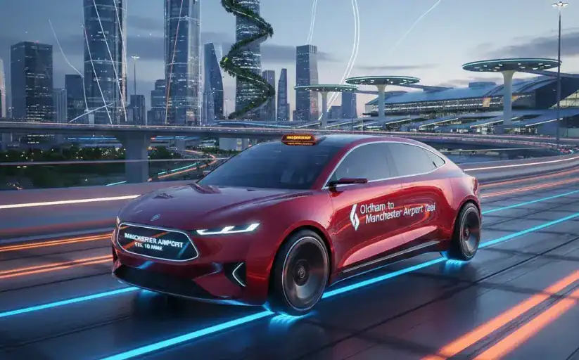 A sleek red autonomous taxi with Manchester Airport branding on a futuristic cityscape background.