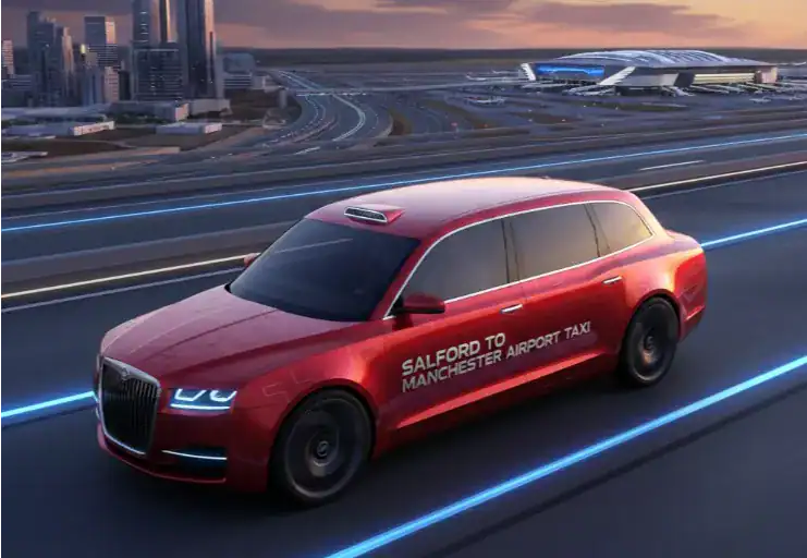 Modern red Manchester Airport taxi on a futuristic city road at dusk.