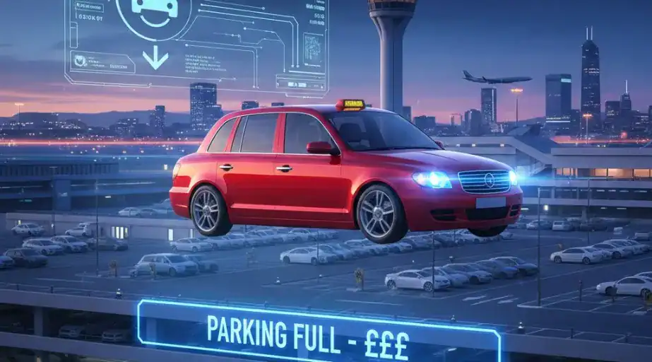 A modern red taxi car at Manchester Airport with digital airport and cityscape background.