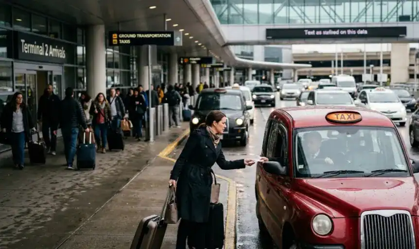 Manchester Airport taxi being hailed outside terminal with passengers and luggage.