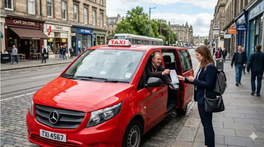 A taxi driver handing over a receipt to a passenger in a busy city street in Manchester.