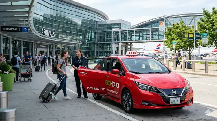 Manchester Airport taxi in front of terminal with passengers and luggage, fixed price service.