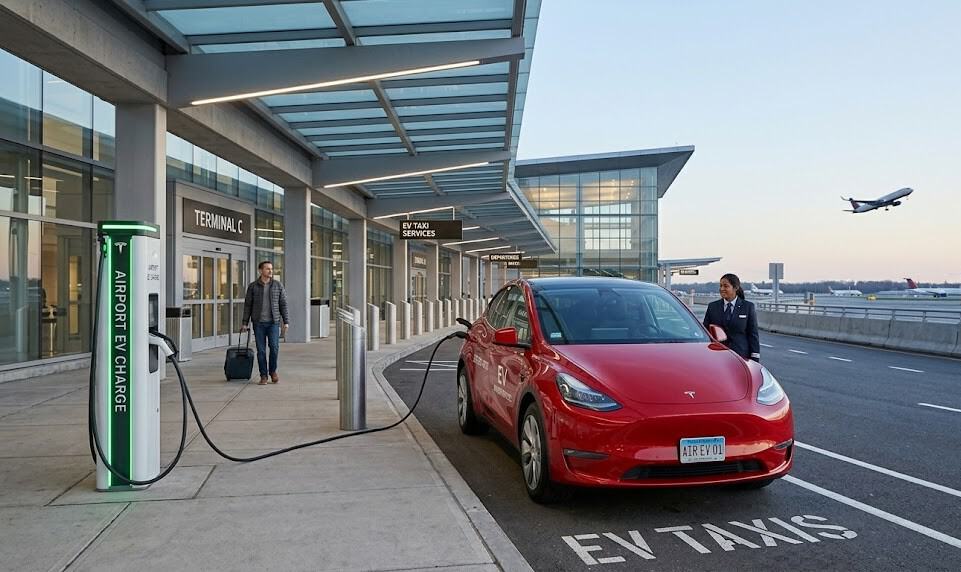 Electric Tesla at Manchester Airport taxi pick-up zone, ready for fixed-price transfer service.