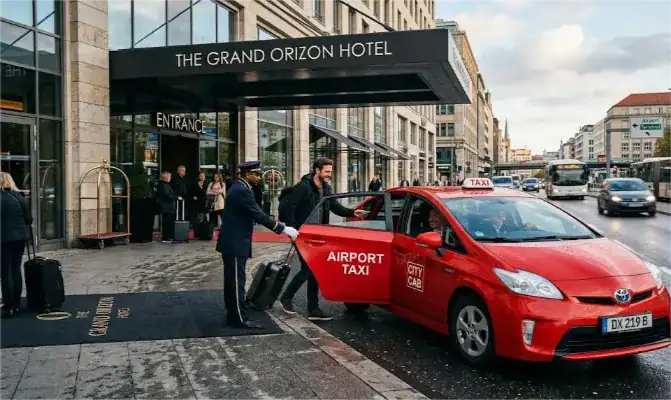 A red airport taxi outside The Grand Orizon Hotel in Manchester, ready for airport transfer.