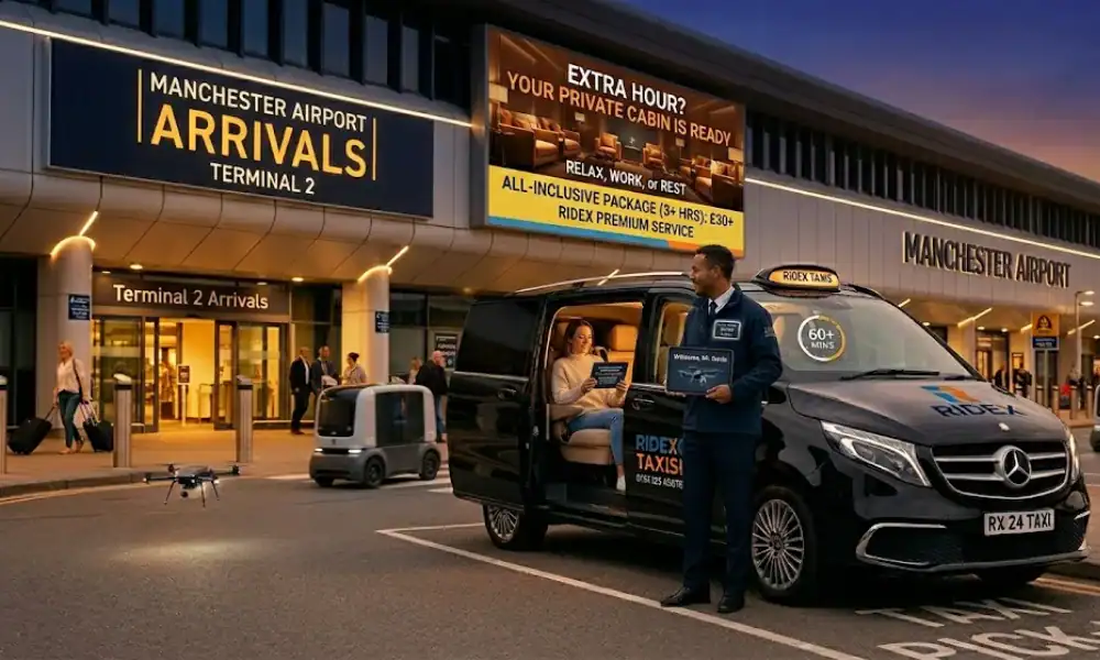 Manchester Airport taxi service with fixed prices at Terminal 2 arrivals.