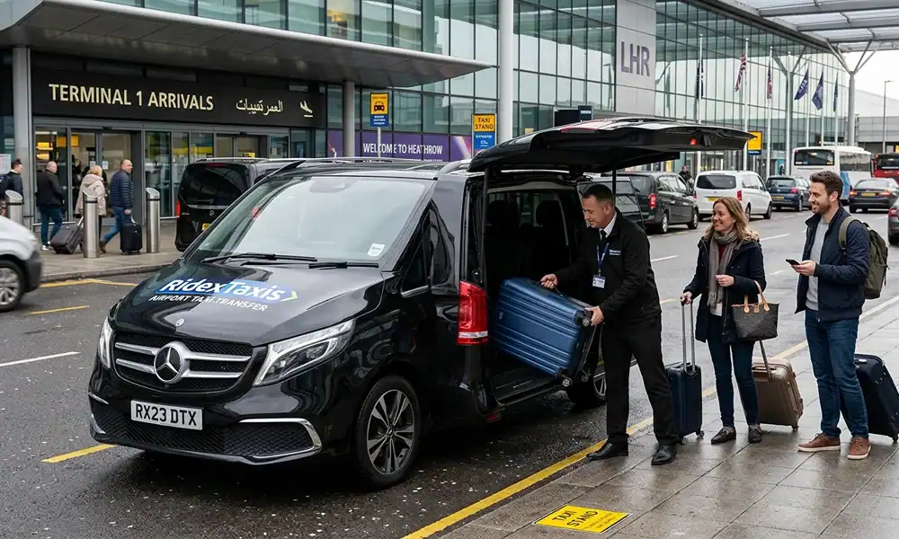Manchester Airport taxi transfer with fixed price, luggage loading service.
