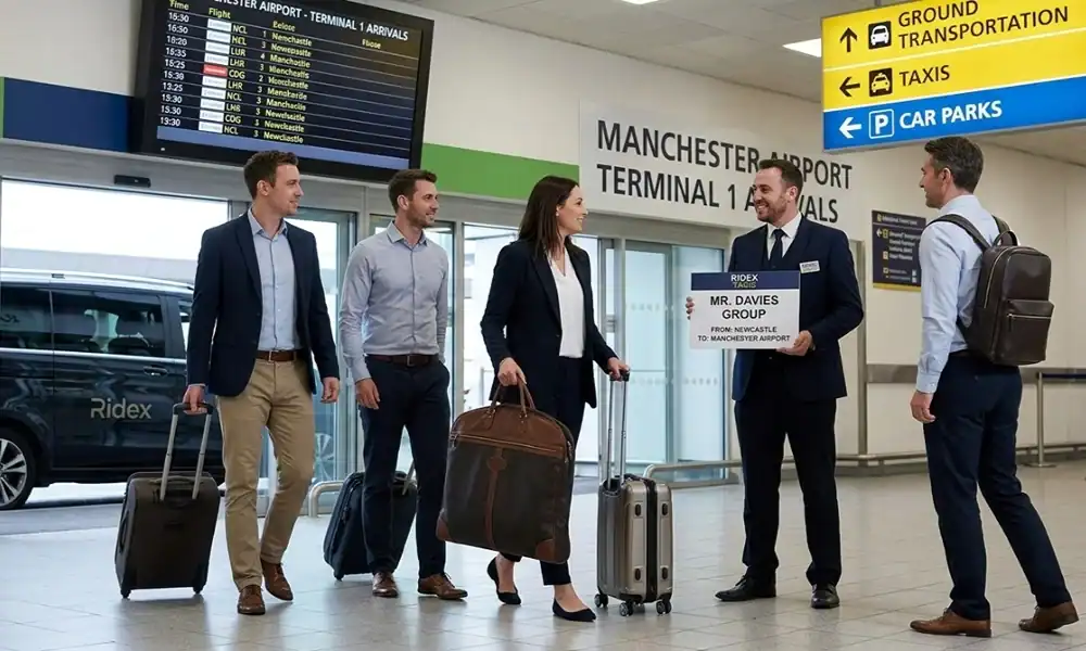 Manchester Airport taxi service with fixed prices, travellers arriving at terminal 1.