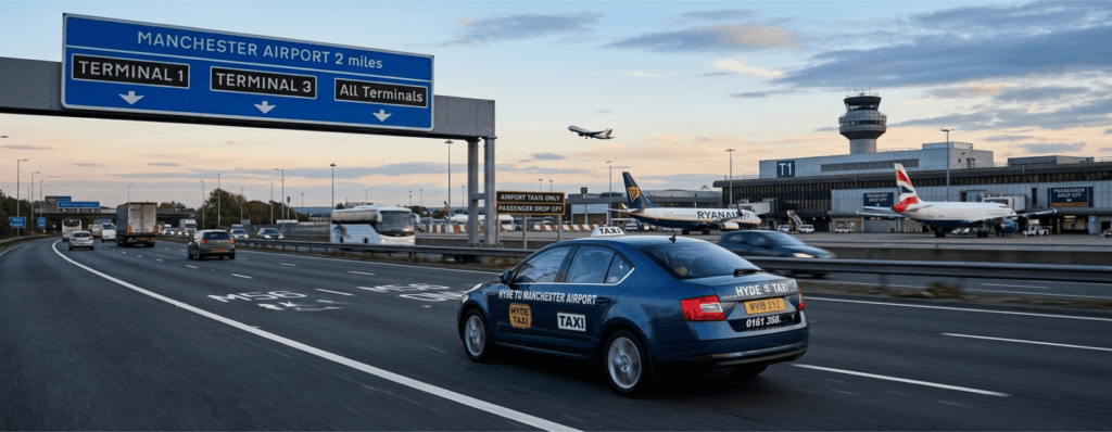 Hyde to Manchester Airport Taxi — Fixed Price, 24/7