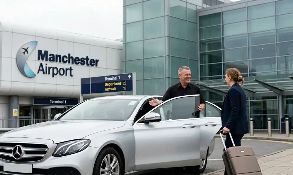 Manchester Airport taxi with fixed price, chauffeur greeting passenger outside terminal.