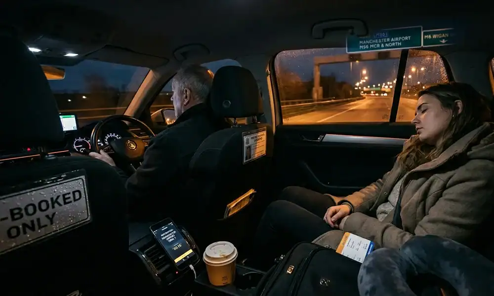 Manchester Airport taxi ride with passengers seated inside the vehicle at night.