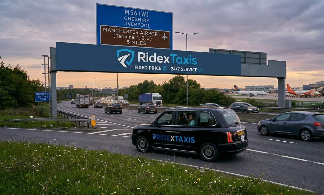 Taxi van with Ridex Taxis branding near Manchester Airport, UK.