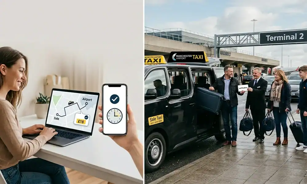 A comfortable woman booking Manchester Airport taxi on her laptop with a mobile app.