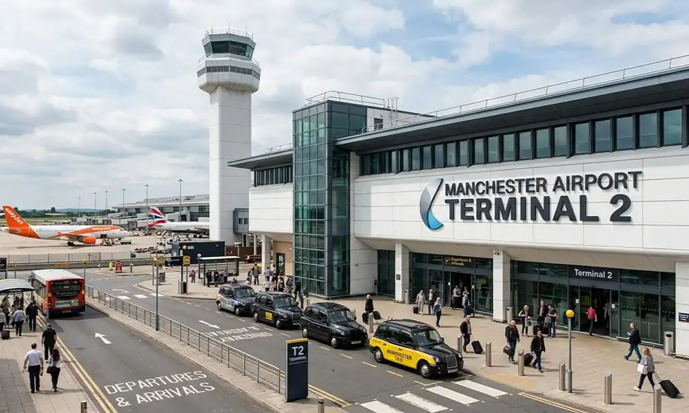 Manchester Airport Terminal 2 with taxis and passengers outside, UK.