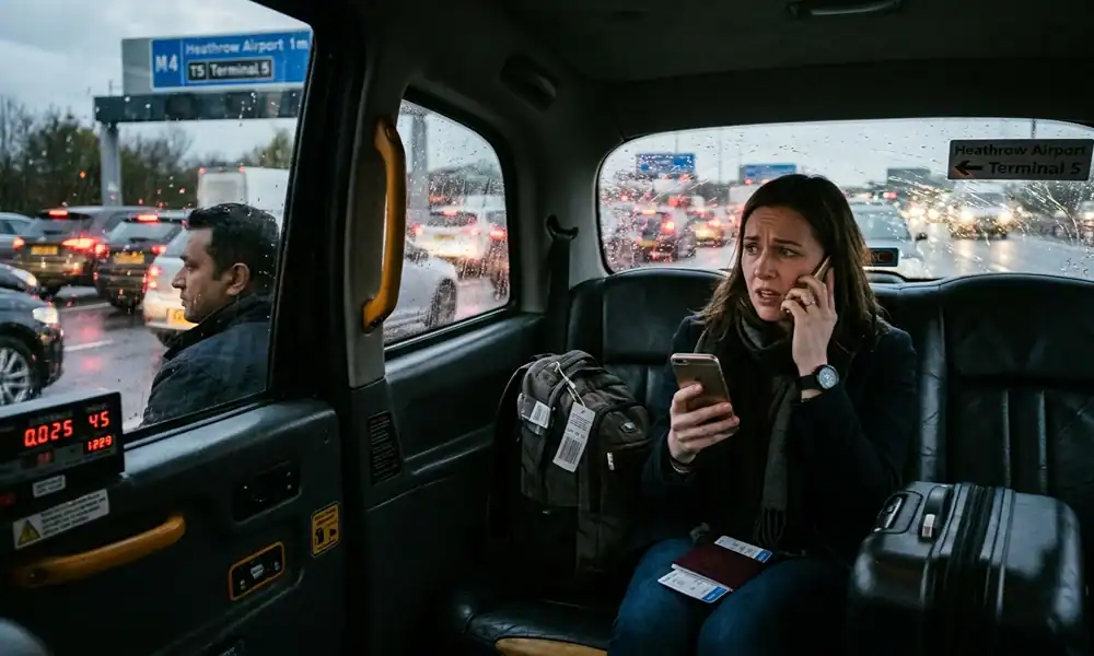 Passenger checking the time outside a UK airport terminal after a late taxi pick-up