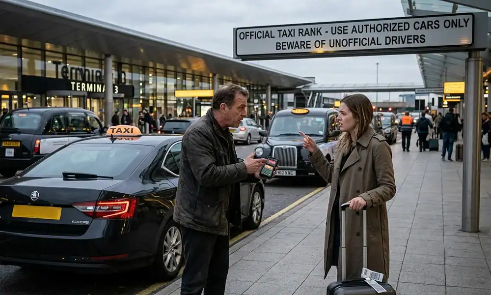 How to Avoid Airport Taxi Scams in the UK 2 Checklist showing four steps to book an airport taxi safely, from booking ahead to tracking your driver