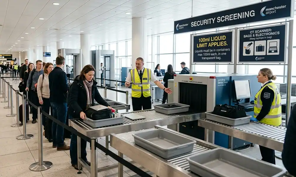 Security screening area at Manchester Airport with passengers placing bags into trays, and signs displaying the 100ml liquid limit