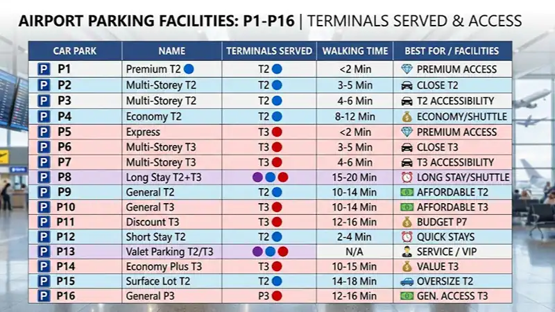 The complete P-number table – match your terminal to the right car park.