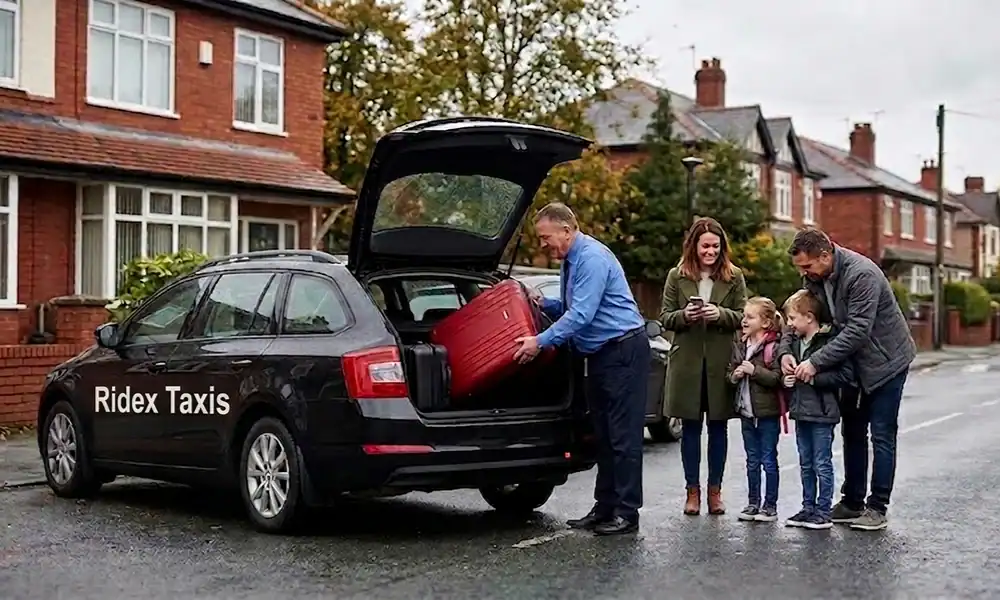 Ridex Taxis driver loading luggage into an estate car boot for a family outside a Timperley residential home.