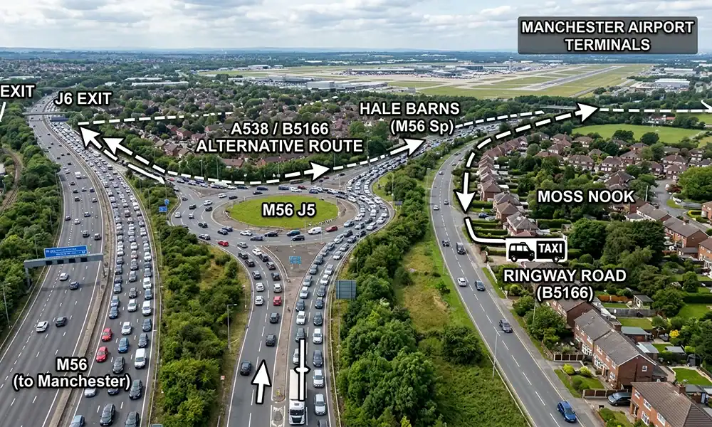Aerial view showing heavy traffic at M56 Junction 5 alongside a quiet, free-flowing local road in Moss Nook, marked with alternative route arrows and a taxi.