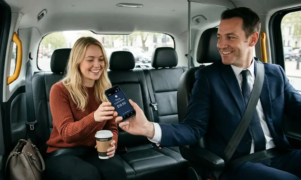 A man in a suit in the front seat of a car hands a mobile phone displaying a price of £18.50 to a smiling woman in a red sweater in the back seat.