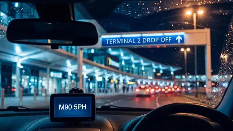 Which Terminal at Manchester Airport? 2026 Airline List 3 Driver approaching the Terminal 2 drop-off zone at Manchester Airport with sat nav postcode M90 5PH