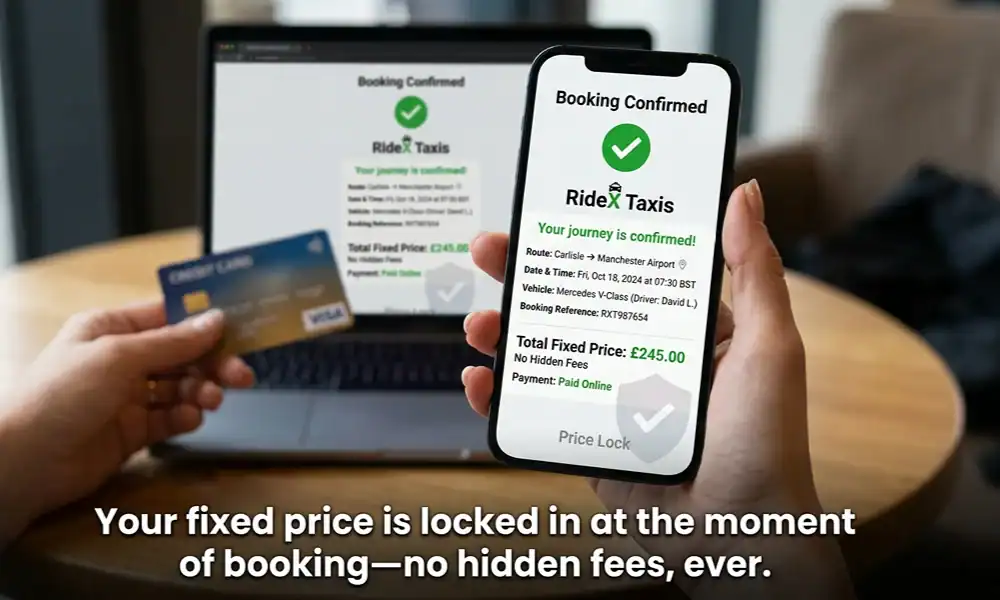 A person’s hand holds a smartphone showing a 'RideX Taxis' booking confirmation for a £245 trip to Manchester Airport, alongside a credit card and laptop in the background.
