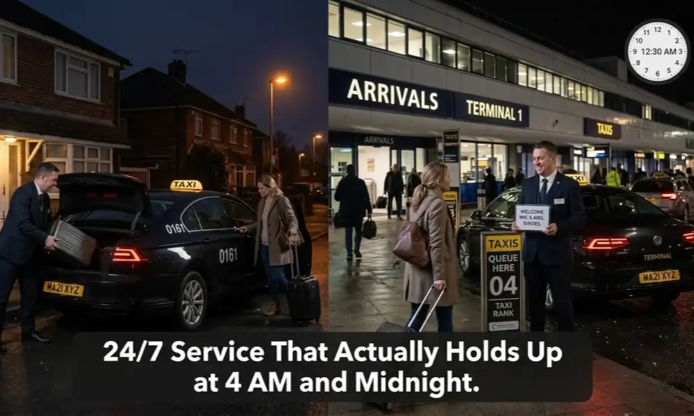 A vertical split-screen advertisement comparing a taxi driver helping a passenger at a house at night to a driver holding a name sign for a passenger arriving at Terminal 1 of an airport, with the caption "24/7 Service That Actually Holds Up at 4 AM and Midnight."