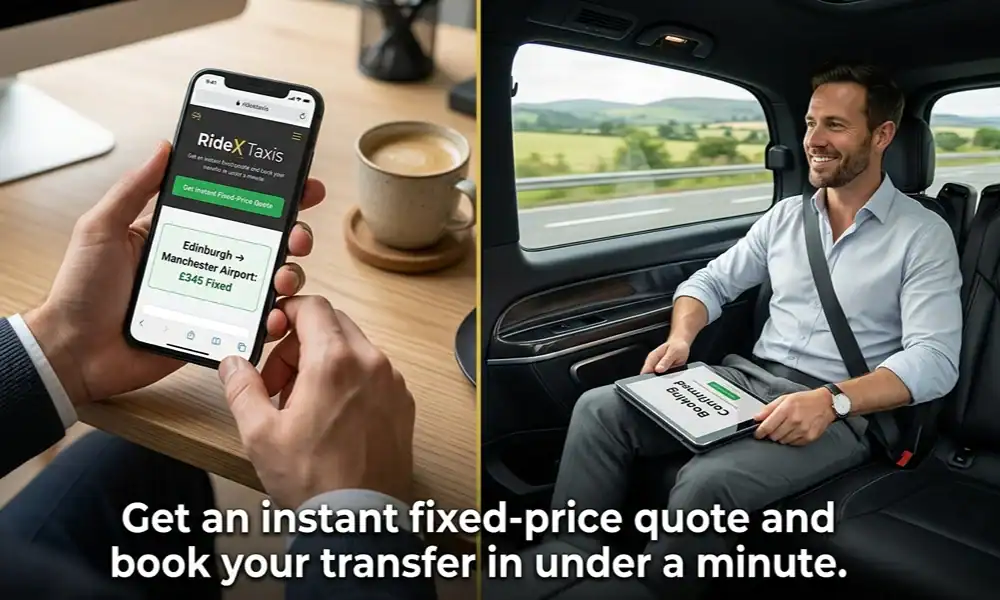 A split image showing a close-up of hands on a phone with a RideX Taxis booking screen (left) and a smiling man relaxing in the back seat of a vehicle with a "Booking Confirmed" tablet (right).