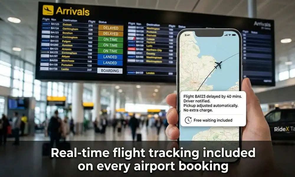 A close-up of a hand holding a smartphone in an airport arrivals hall, showing a flight delay notification and a "RideX Taxis" car in the background.