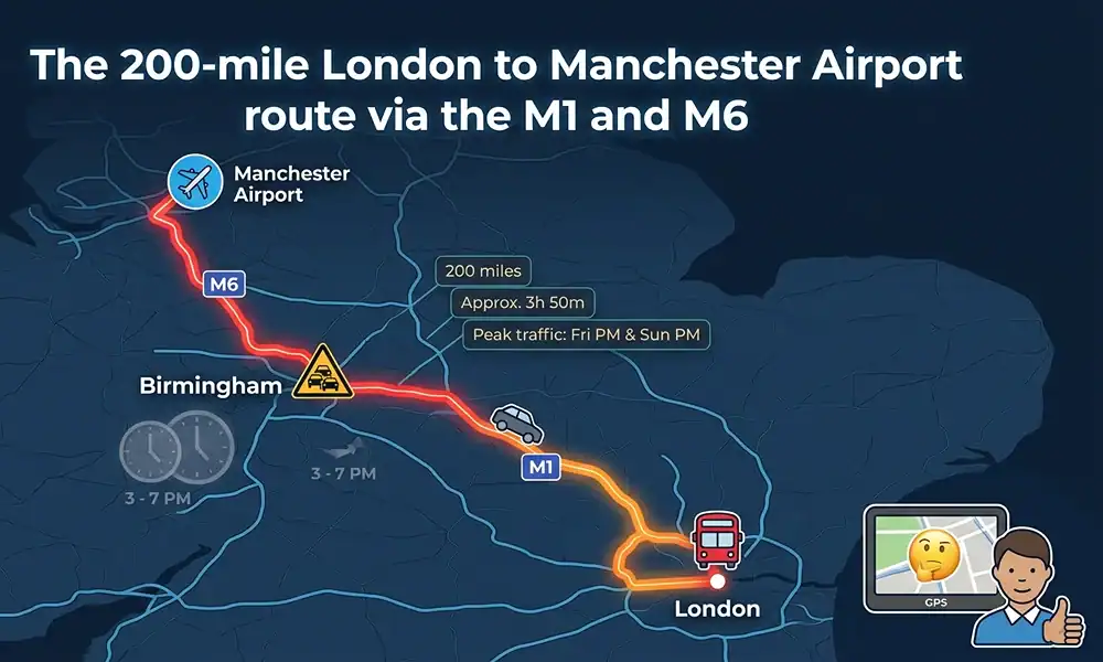 A stylized digital map infographic showing the driving route from London to Manchester Airport, highlighted with a glowing red and orange line against a dark blue background, featuring relevant icons and travel information text.