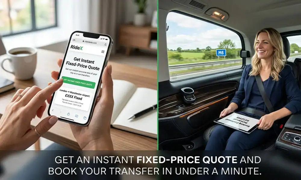 A split-screen advertisement comparing a person booking a RideX taxi on their smartphone at a desk (left) to a woman smiling and looking out a window while riding in the back of a luxury taxi, holding a tablet showing "Booking Confirmed!" (right). A caption below reads, "GET AN INSTANT FIXED-PRICE QUOTE AND BOOK YOUR TRANSFER IN UNDER A MINUTE.