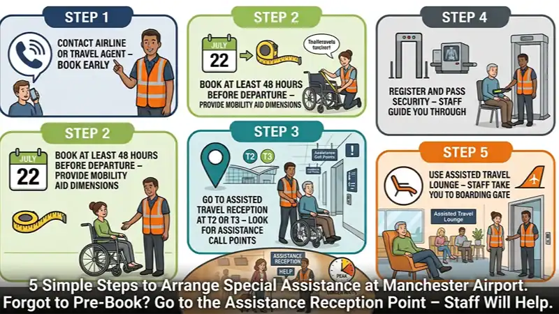 Five-step infographic showing how to arrange Manchester Airport special assistance