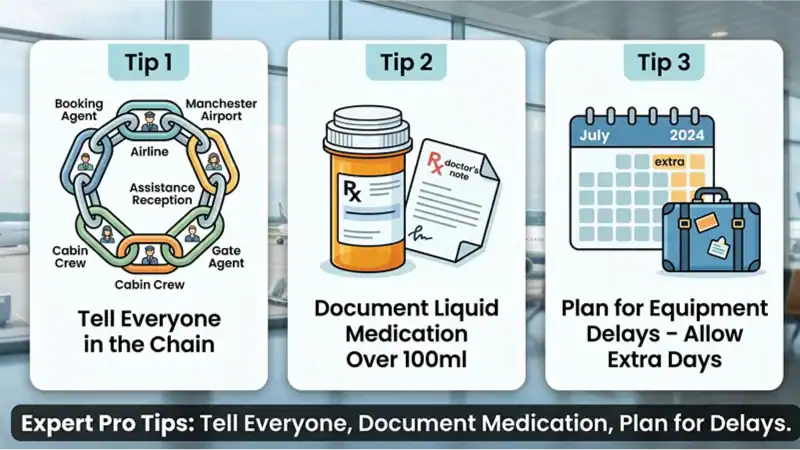 Manchester Airport special assistance tips: tell everyone in the chain, document liquid medication and plan for equipment delays