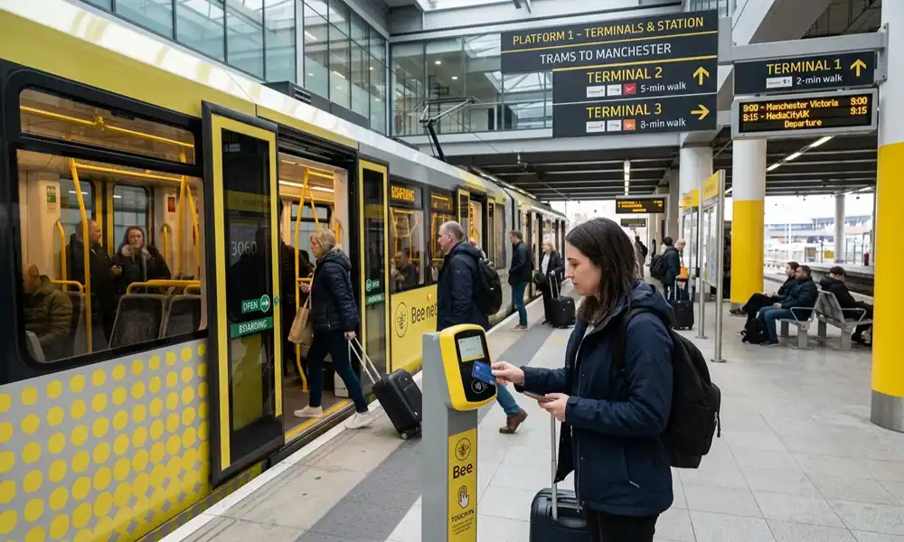 A passenger tapping a contactless card on a yellow Bee Network reader at the indoor Manchester Airport Metrolink platform as people board a yellow tram near the Terminal 2 and 3 direction signs.