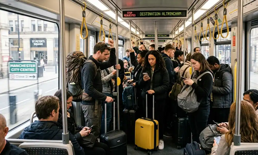 A busy daytime interior of a Manchester Metrolink tram filled with standing commuters holding suitcases and checking smartphones, with city centre buildings visible through the windows.